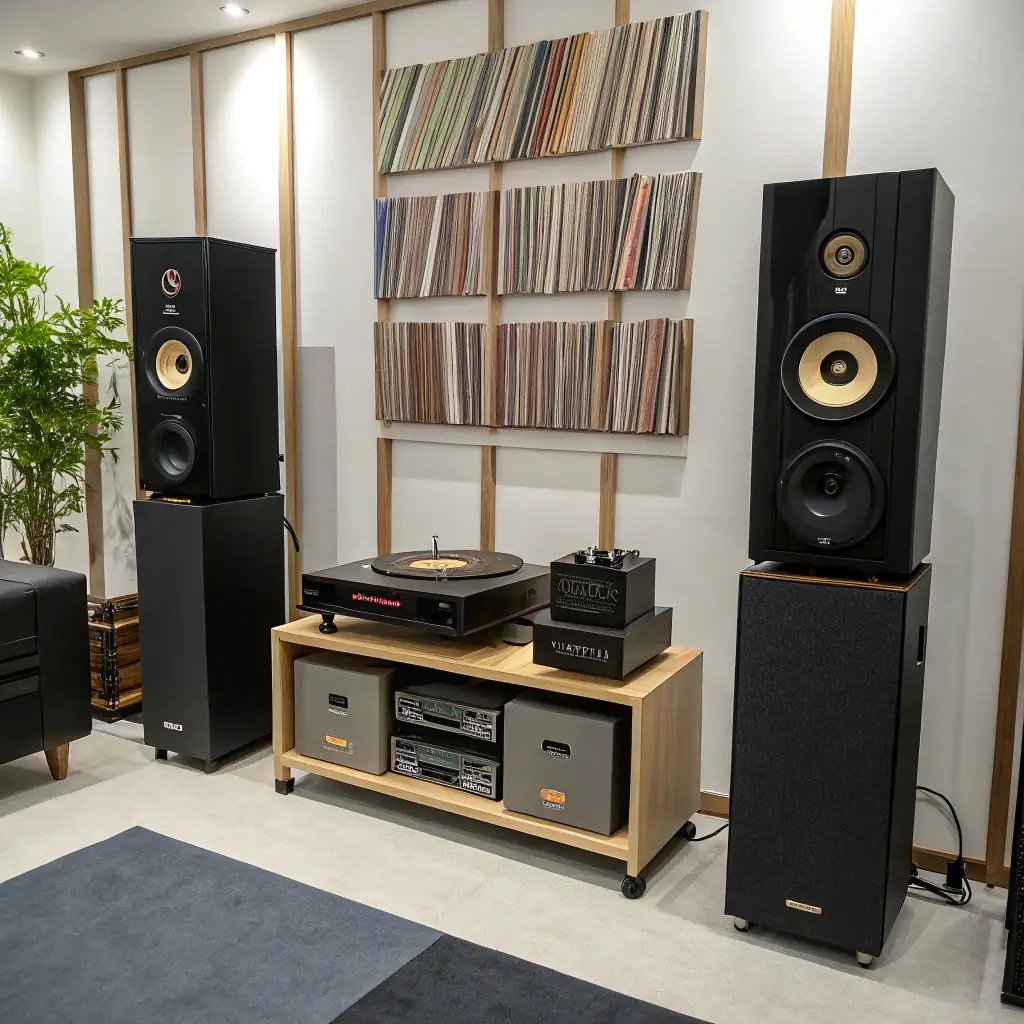 A selection of premium audio equipment, such as high-end speakers and amplifiers, showcased in a sophisticated setting.