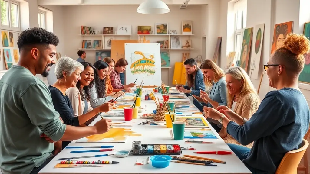 A diverse group of people participating in a community arts workshop, with various art supplies and collaborative projects visible.