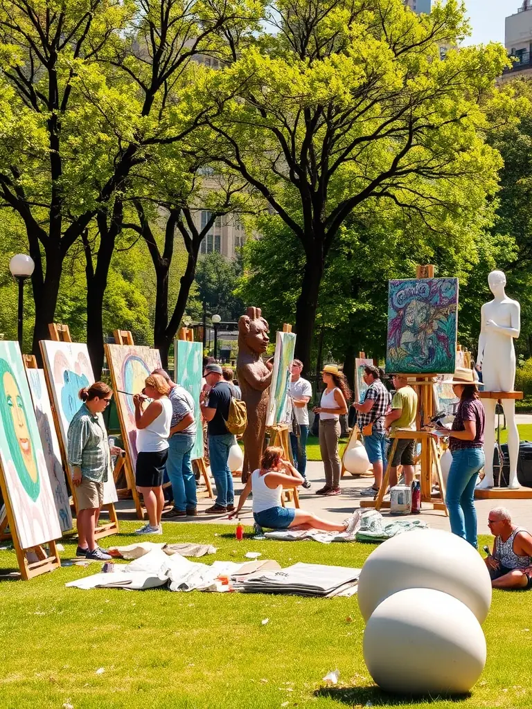 A heartwarming photo of a community outreach program organized by TEPAKONU, showing artists engaging with local residents in a public space, creating art together.