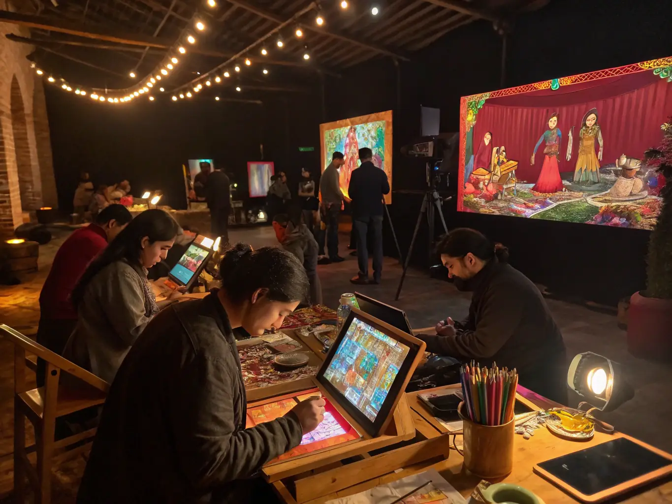 A dynamic image capturing a workshop session where emerging artists are actively engaged in learning new techniques and collaborating on creative projects, reflecting TEPAKONU's commitment to skill development.