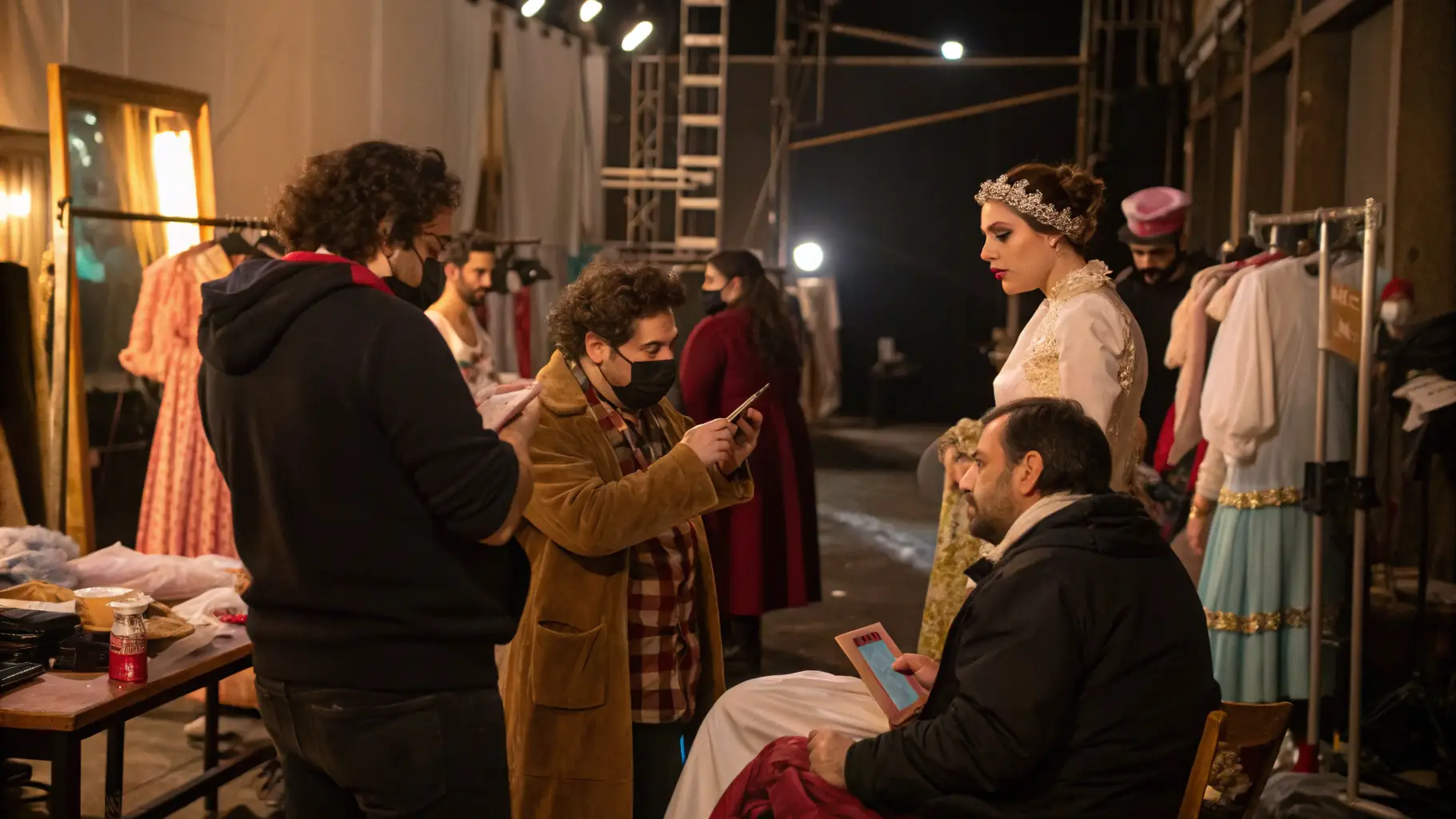 A behind-the-scenes shot of a theatrical production, showing the collaborative effort of artists and technicians working together.