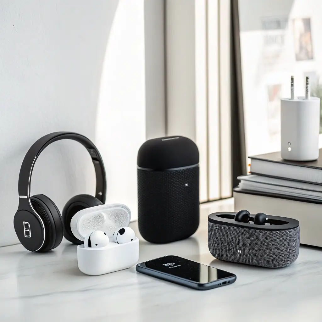 A collection of wireless audio devices, including headphones and earbuds, displayed on a clean, modern background.