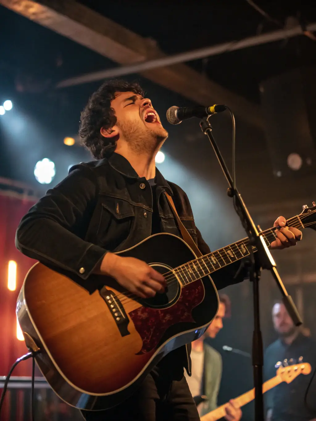 A vibrant photograph capturing a live performance during one of TEPAKONU's artist diffusion events, showcasing a musician passionately playing the guitar on stage, bathed in colorful stage lights.