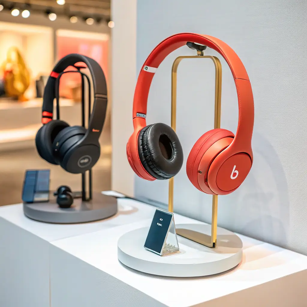 A display of the latest audio products, including new headphones, speakers, and accessories, presented in a vibrant and eye-catching manner.