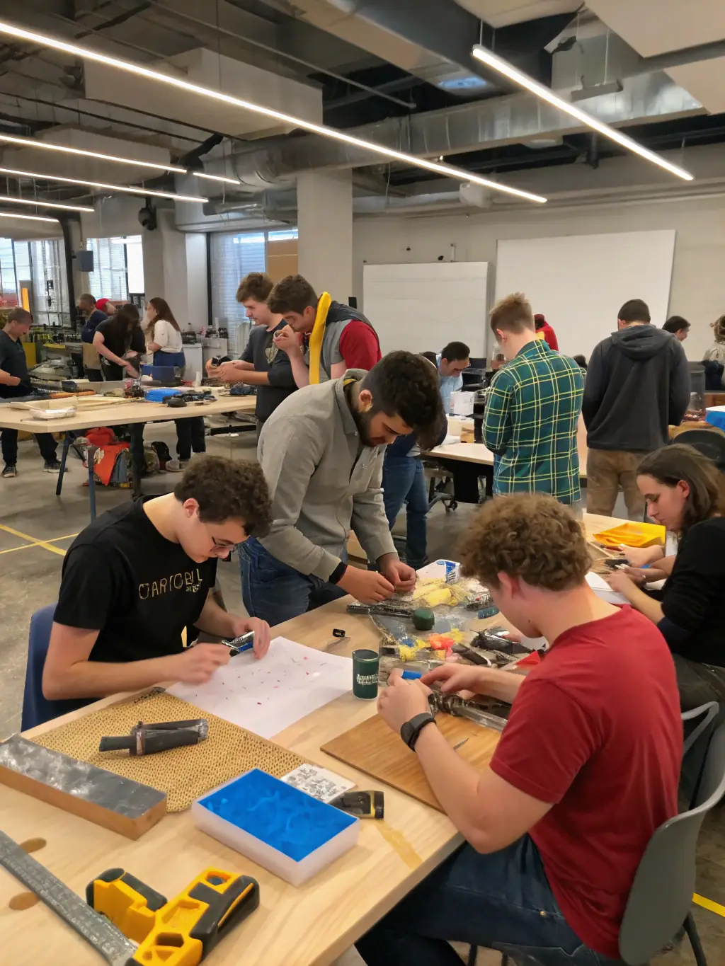 A dynamic image of a TEPAKONU workshop, featuring a group of young artists actively participating in a stagecraft session, surrounded by props and set design materials.